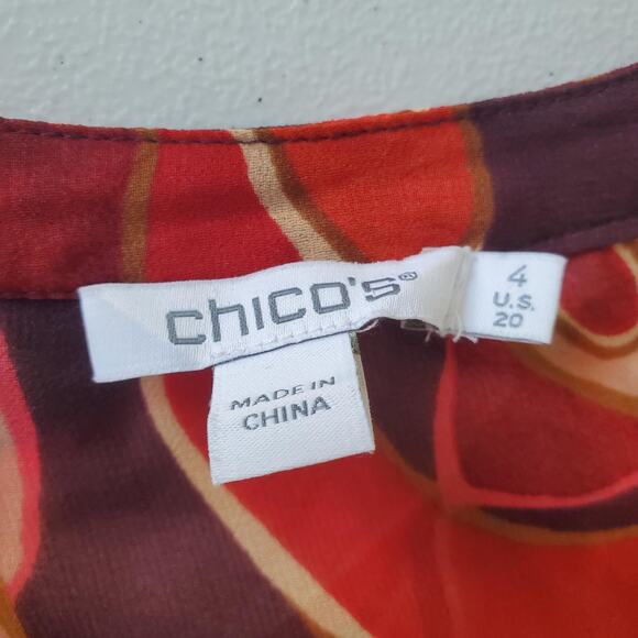 Chico's Shirt Womens 20 Red Multicolor Sheer Long Sleeve Button Cuff Boho Blouse - Picture 4 of 9